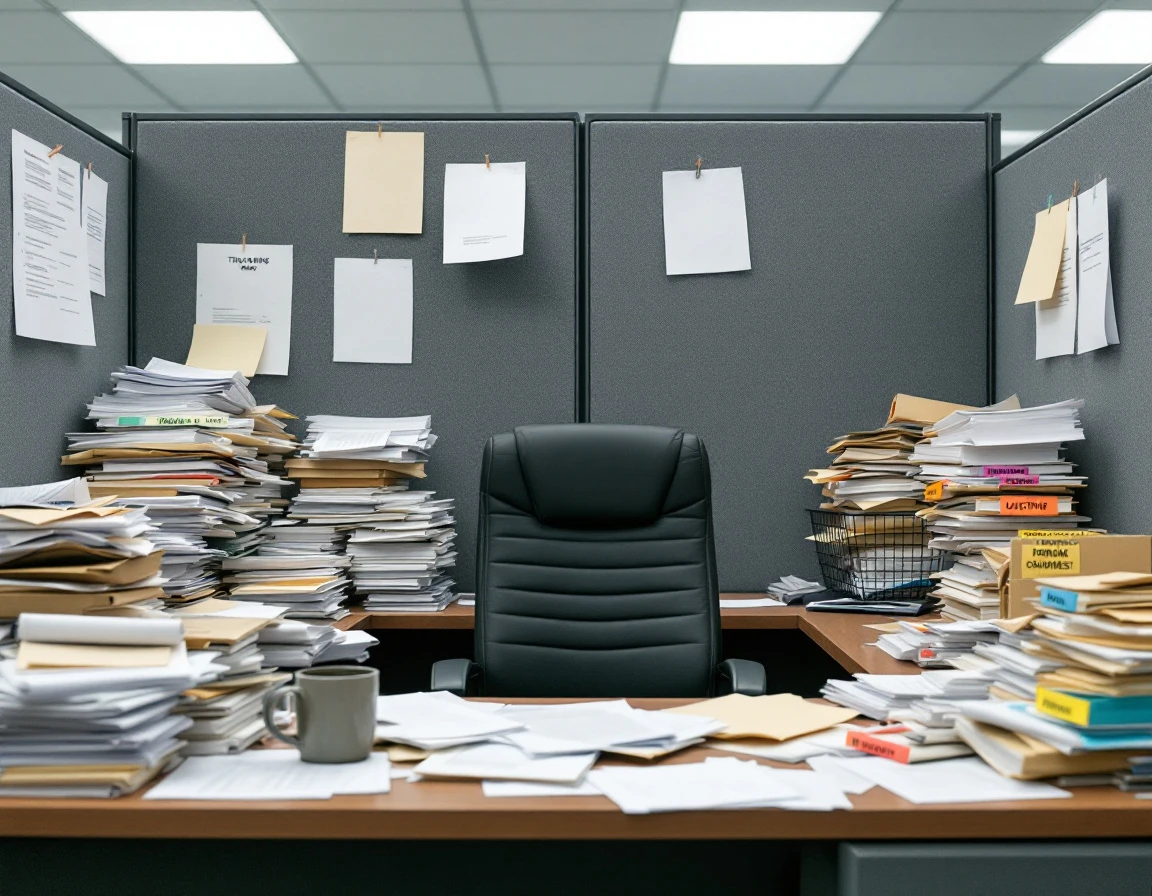 Disorganized HR desk with scattered compliance forms and training materials showing overwhelmed systems