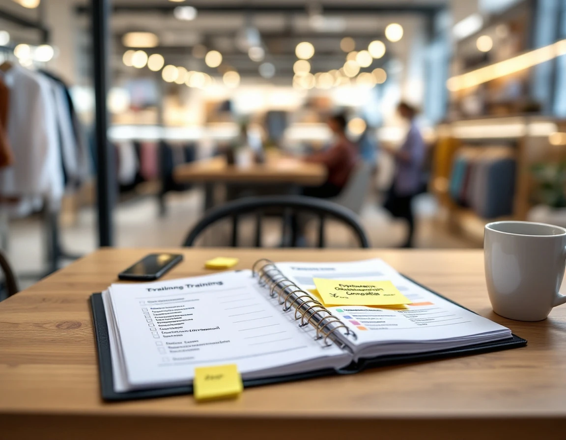 Training materials and evaluation checklist on retail workspace desk with natural lighting