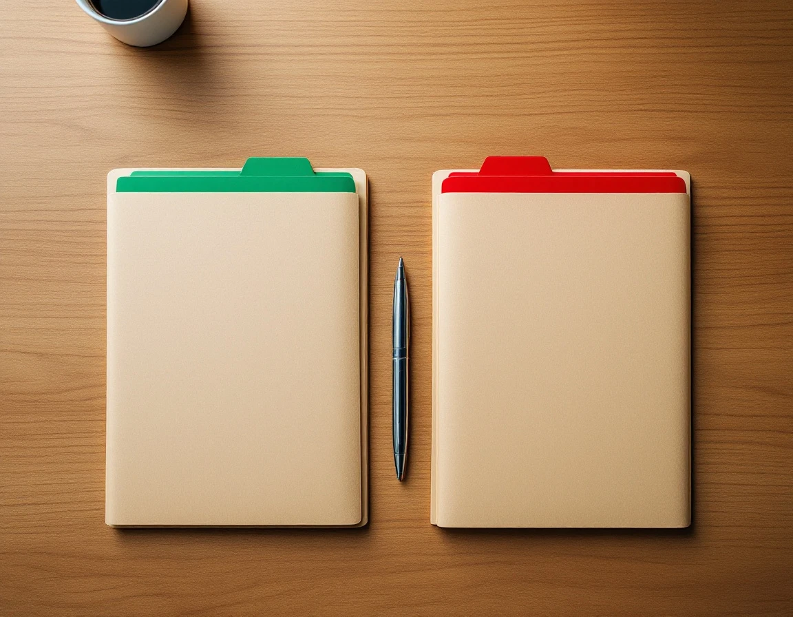 Two file folders with contrasting color tabs on wooden desk surface representing retention versus termination decision