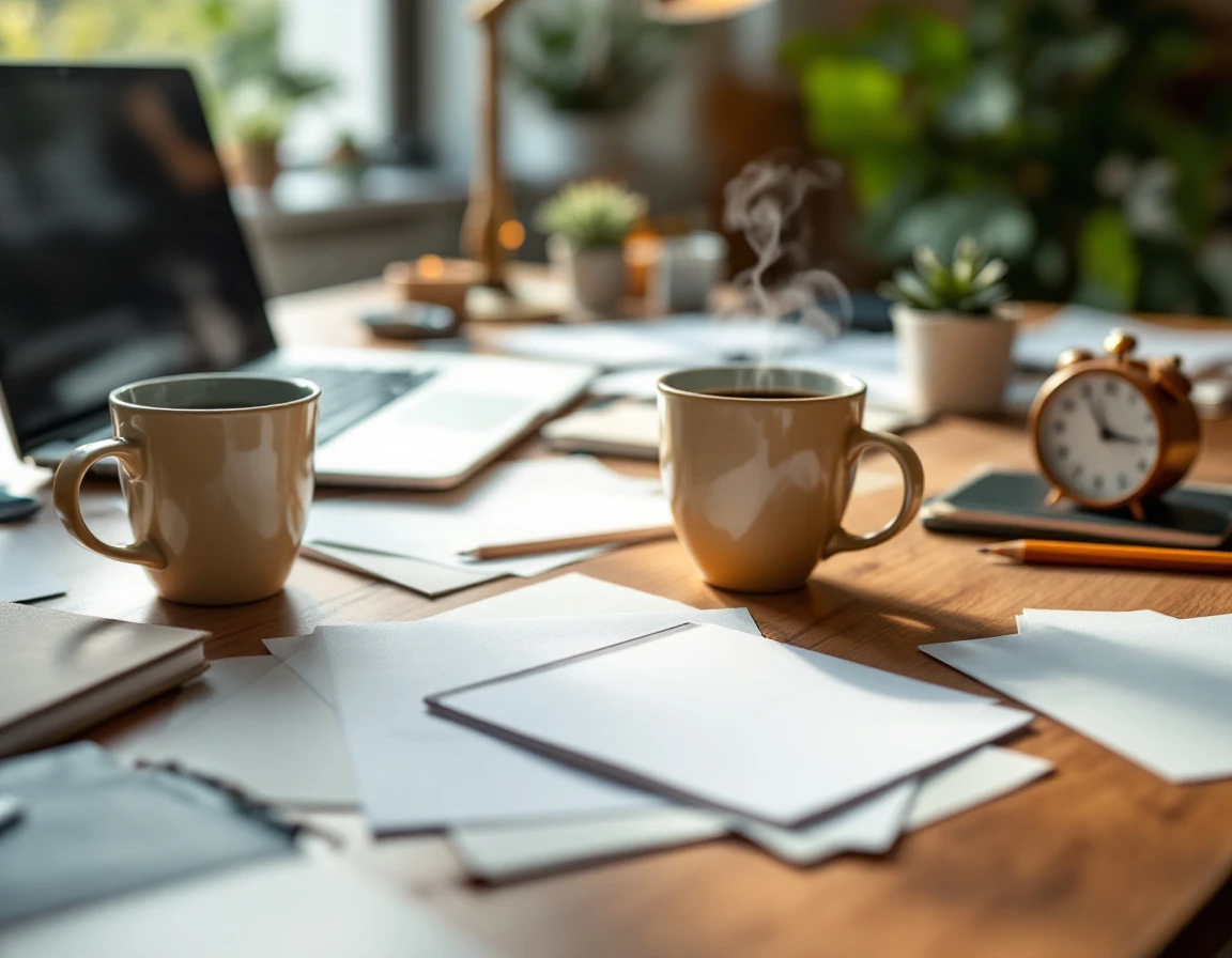 Cluttered office desk with laptop, coffee, blank papers, and clock showing manager time constraints