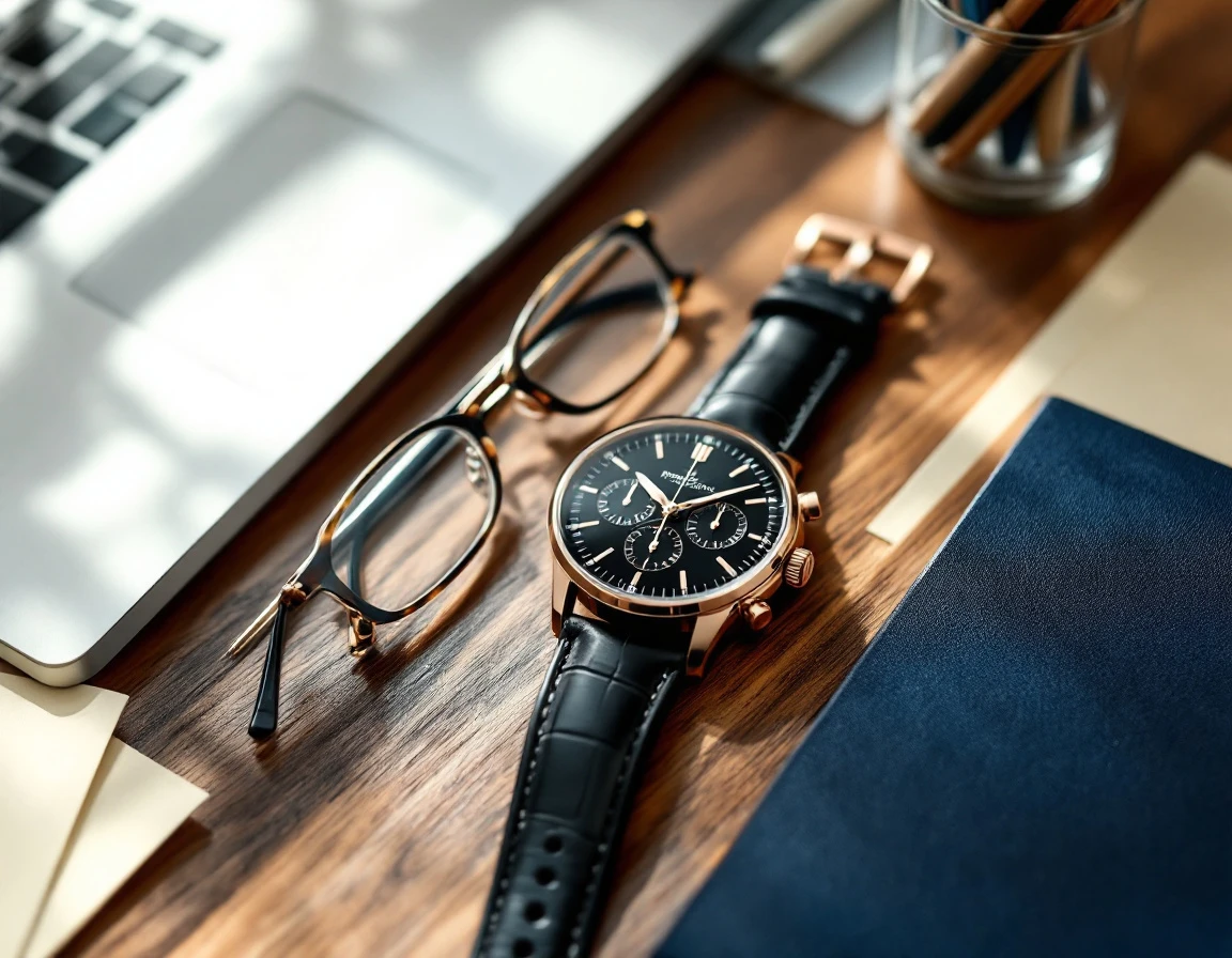 Chronograph watch on wooden desk surrounded by laptop, glasses, and blank notebook