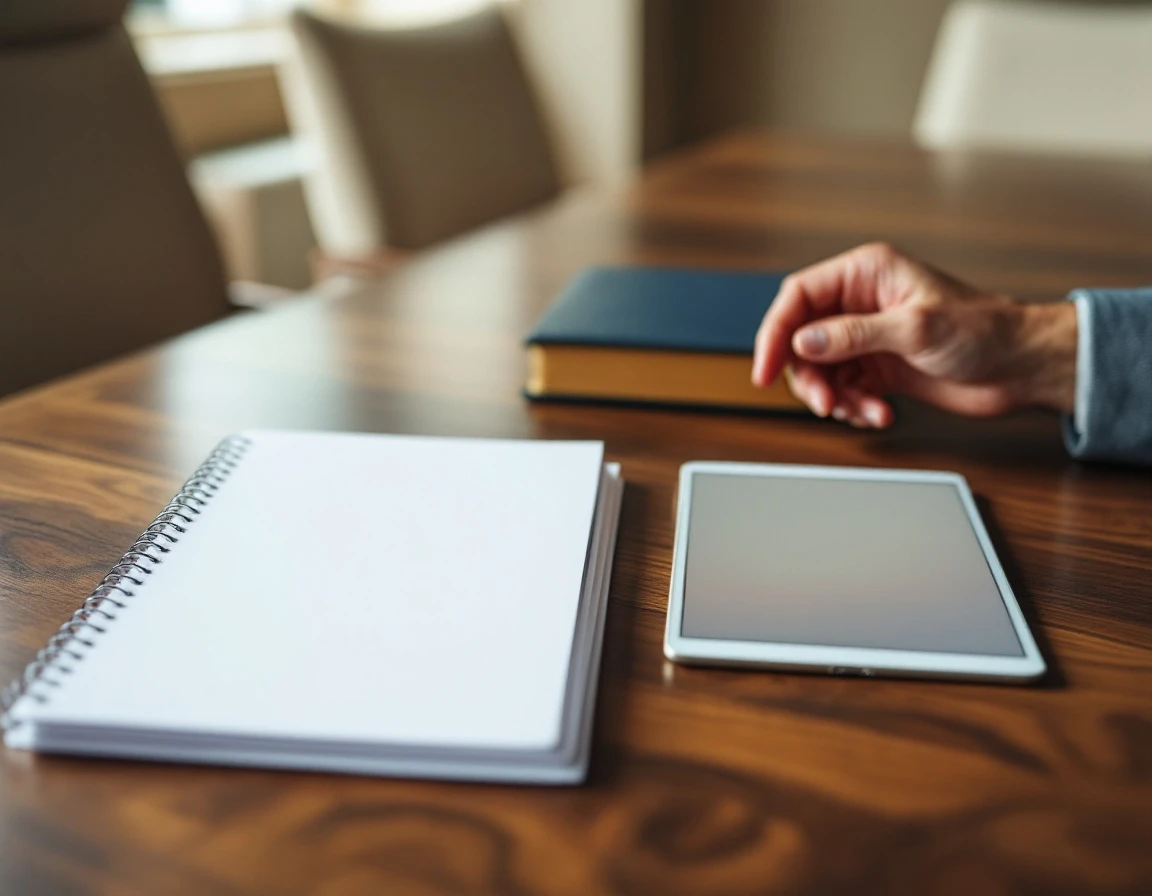 Training materials and tablet arranged on conference table during retail employee onboarding session