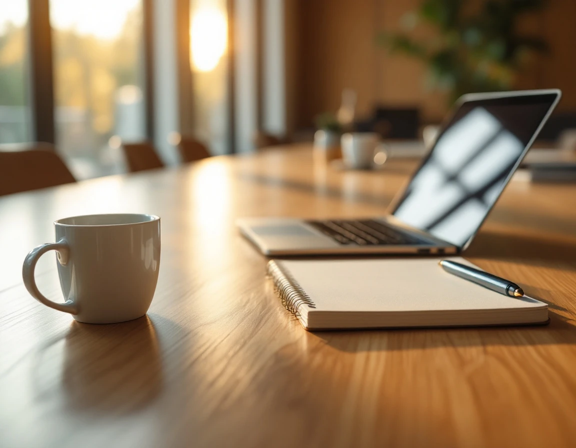 Close-up of training workspace with laptop, notebook, and coffee mug on wooden conference table