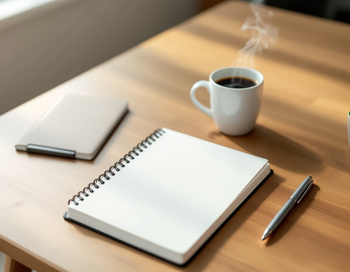 Minimalist workspace with open notebook, coffee cup, pen, and plant on wooden desk