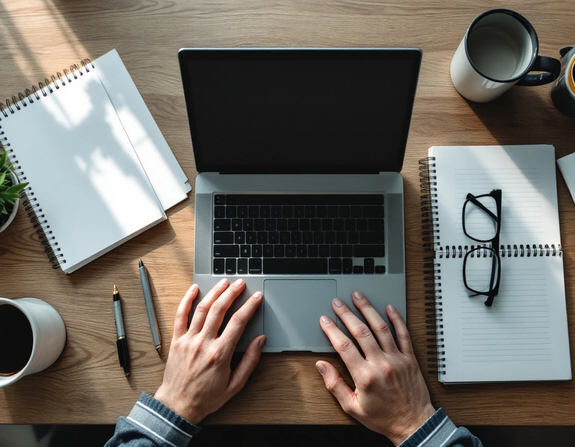 Professional workspace with training materials, laptop, notepads, and hands engaged in employee development work