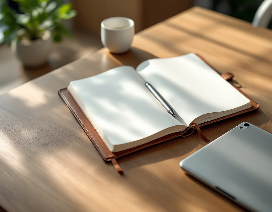 Organized training workspace with notebook, tablet, and coffee cup on wooden table with natural lighting