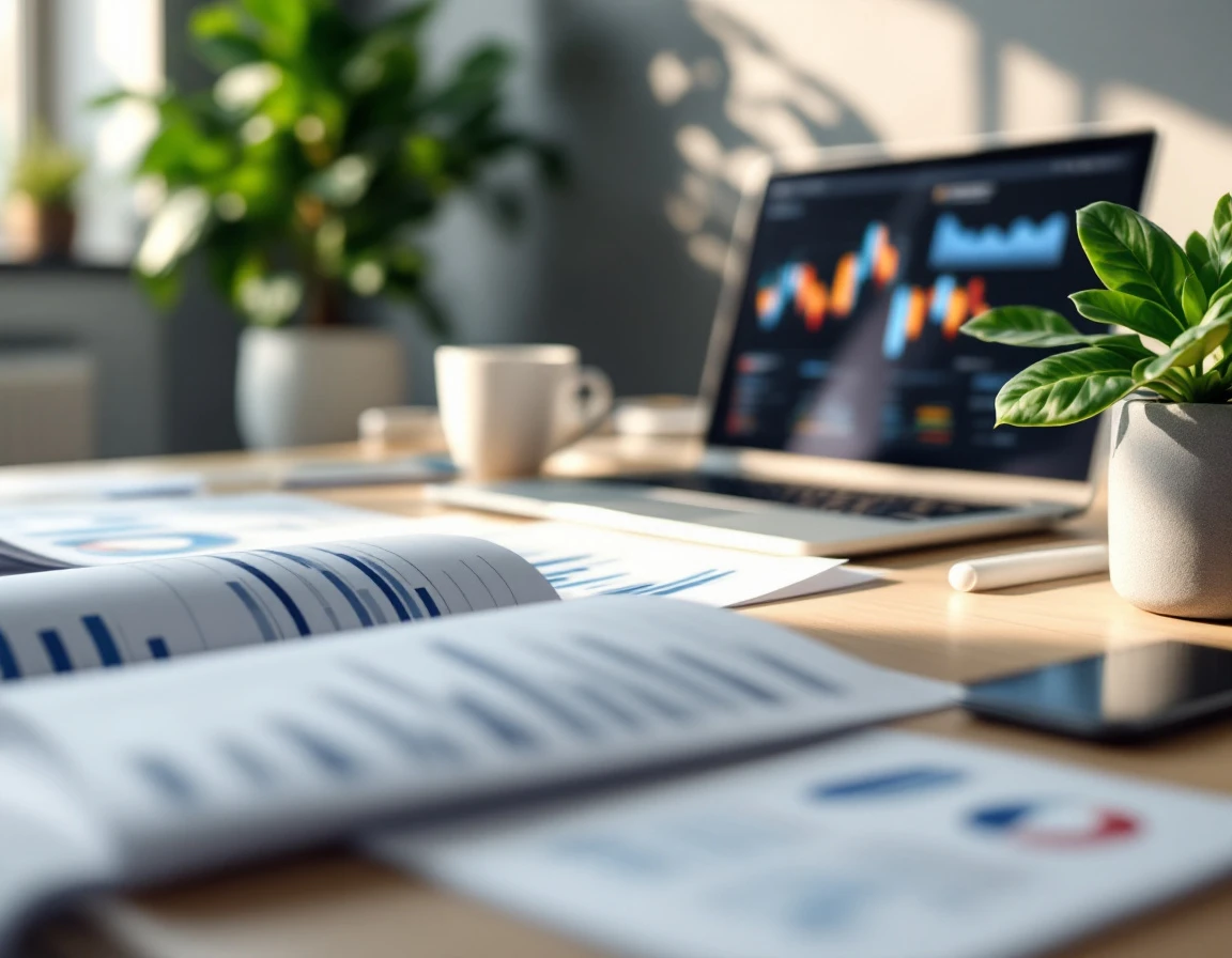 Modern enterprise workspace with analytics materials and laptop showing blurred data visualizations