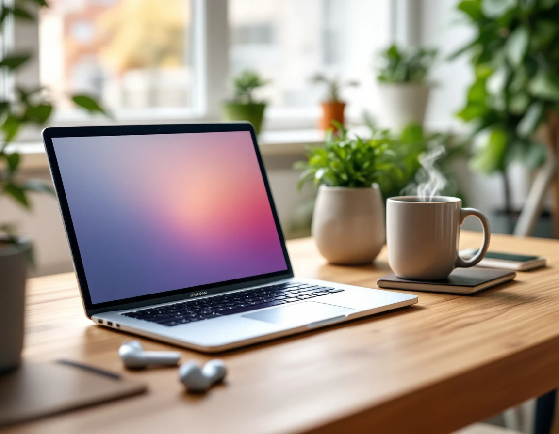 Clean workspace with laptop and desk accessories in natural morning light