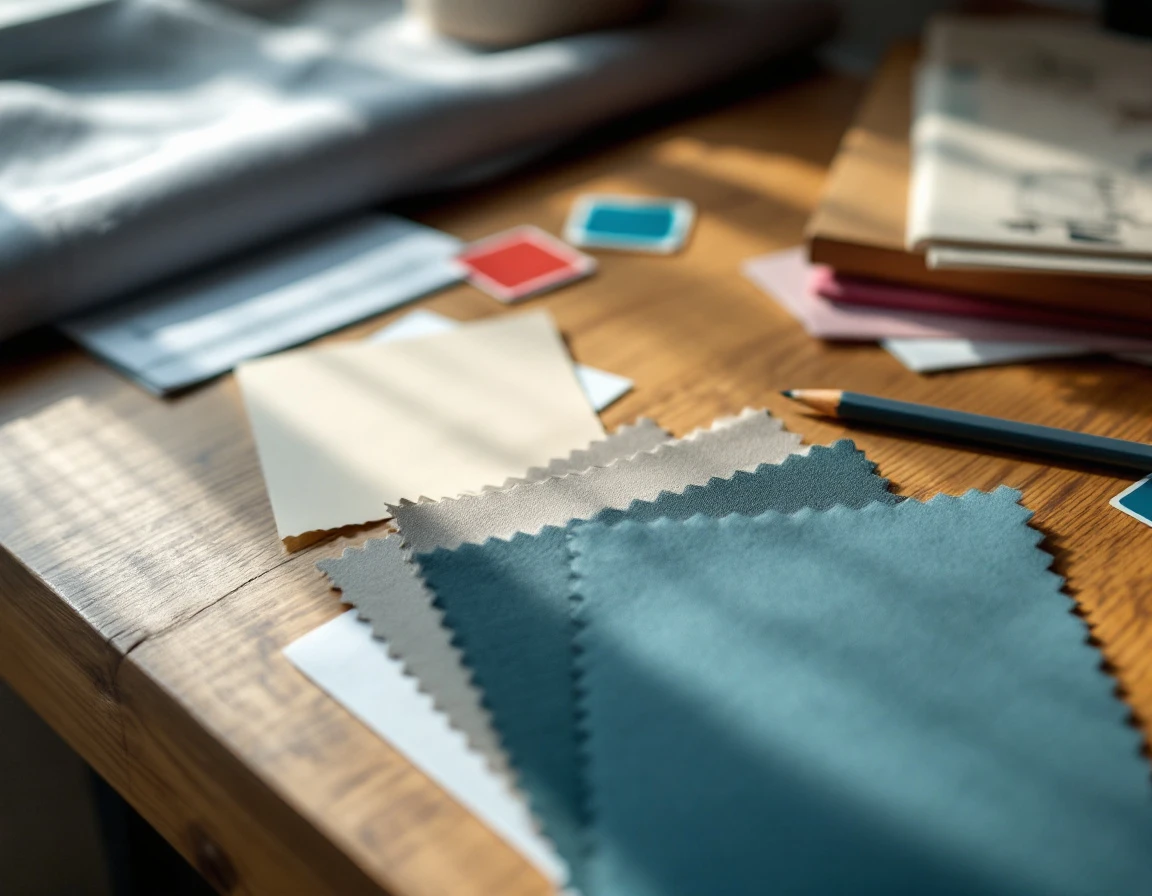 Fabric swatches and design sketches arranged on wooden desk with natural lighting