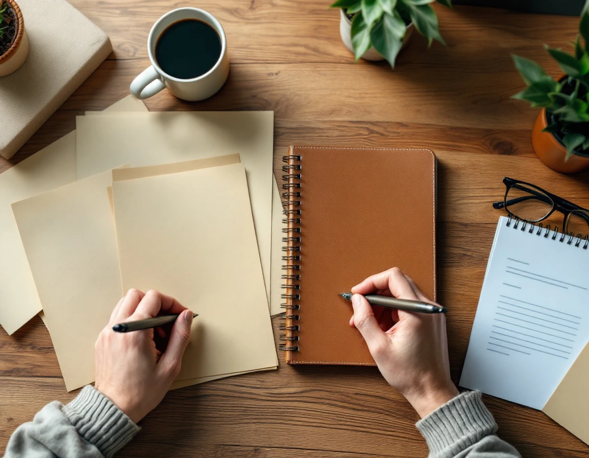 Hands reviewing blank professional development materials on an office desk with journal and folders