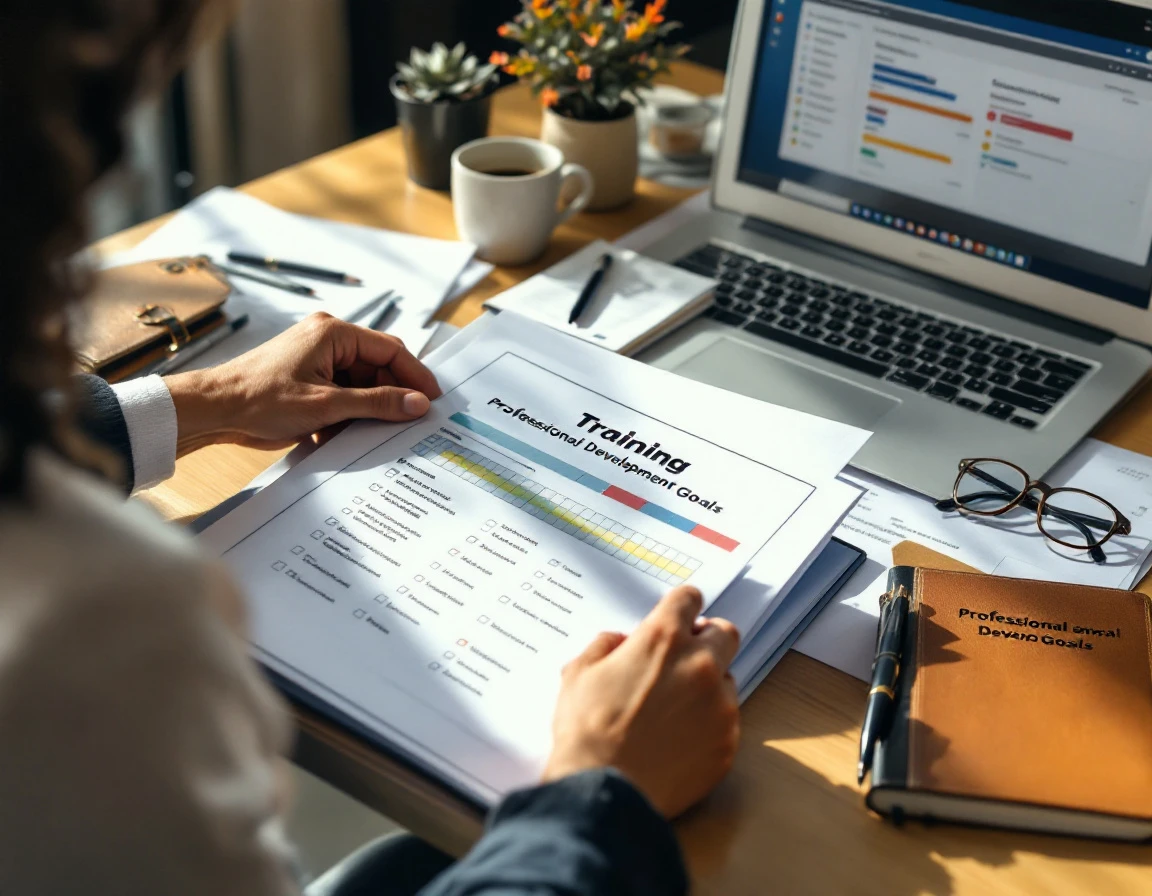 Hands reviewing training materials and skill assessment documents on a professional workspace desk