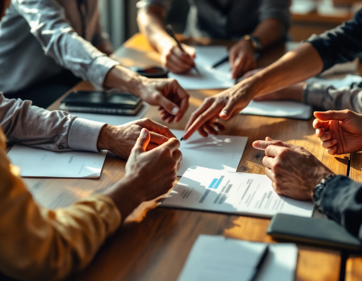 Professional team members collaborating around conference table during employee feedback discussion