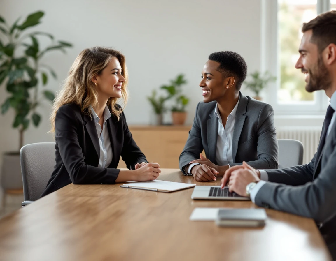 Two professionals in business attire having a development conversation across a desk in natural office lighting
