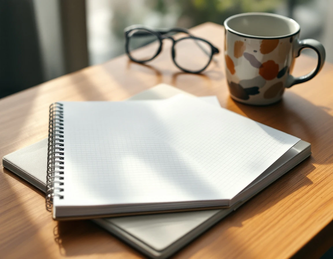 Clean notebook with blank pages on wooden desk with pen, glasses, and coffee mug in natural window light