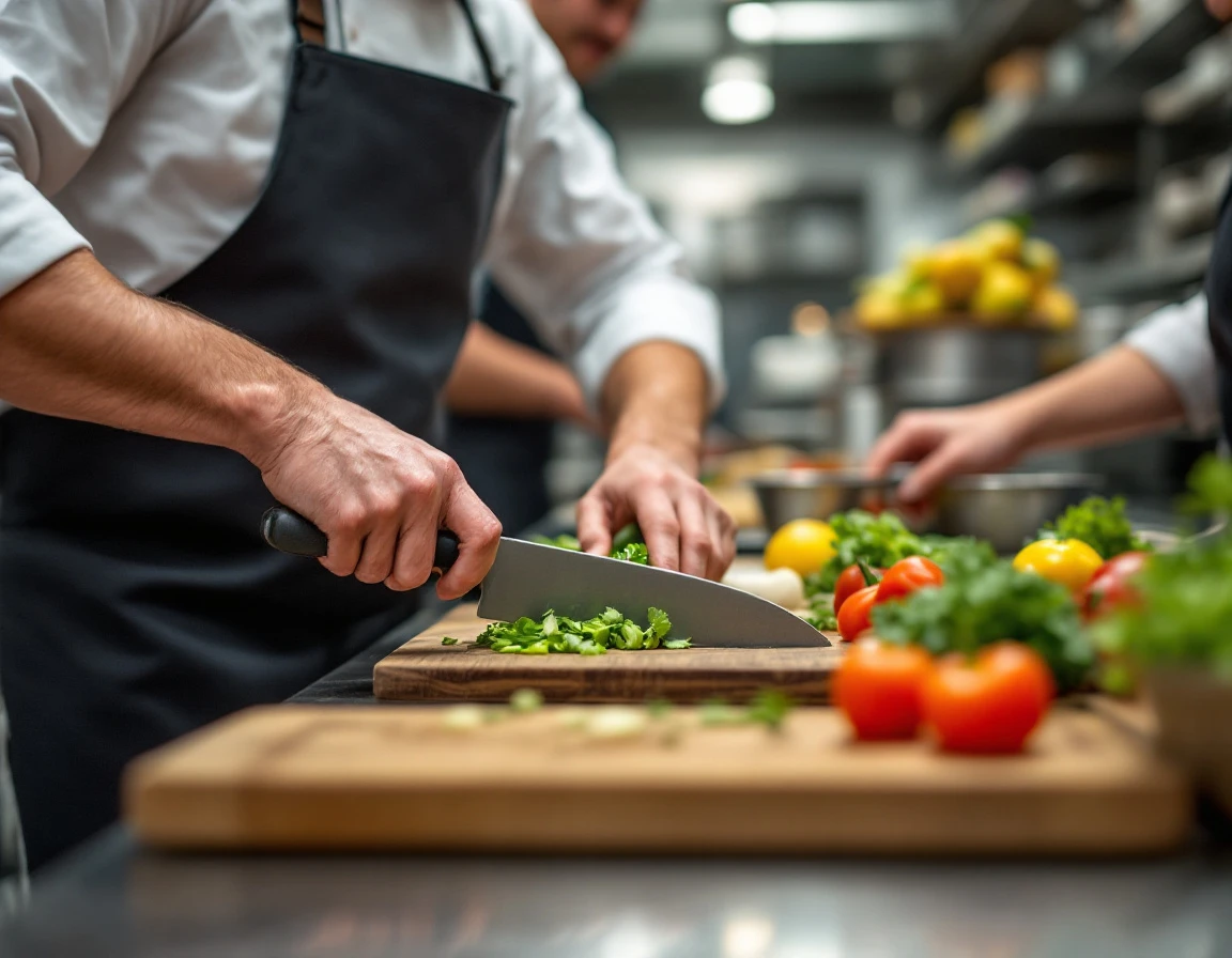 Chef demonstrating knife skills to new kitchen staff member during hands-on training session