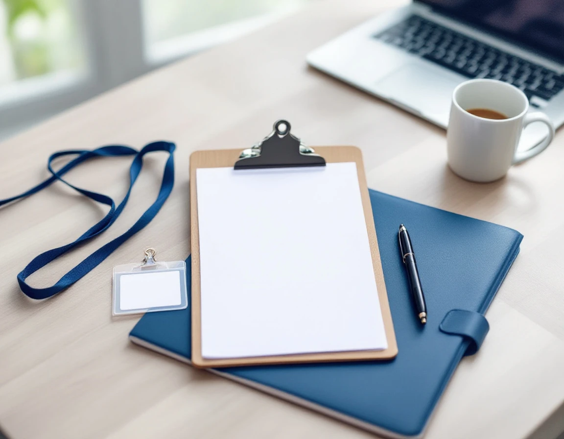 Office desk with clipboard, employee badge lanyard, and onboarding materials arranged for new hire orientation