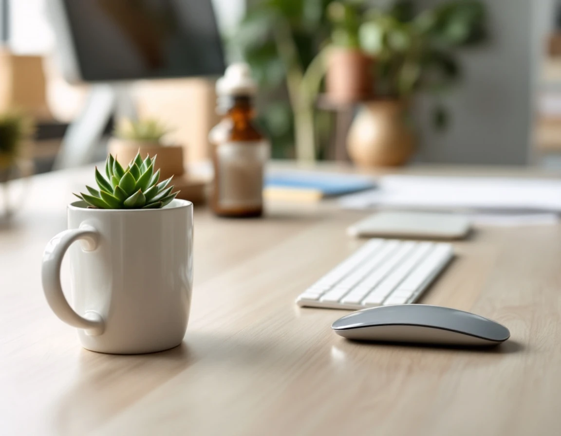 Clean desk workspace with coffee, plant, and keyboard ready for new employee onboarding session