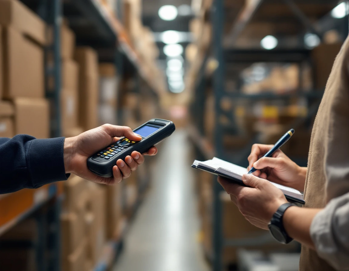 Retail training session showing hands working with inventory tools in a stockroom environment