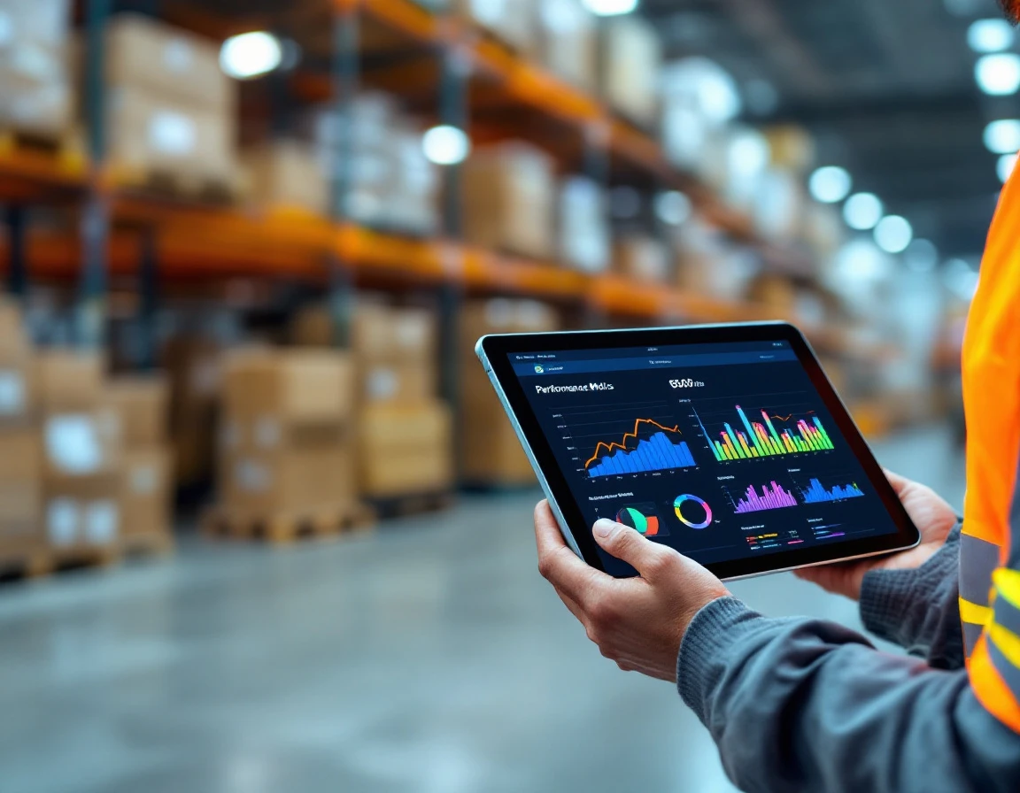 Warehouse worker in safety vest holding tablet with performance metrics in retail distribution center