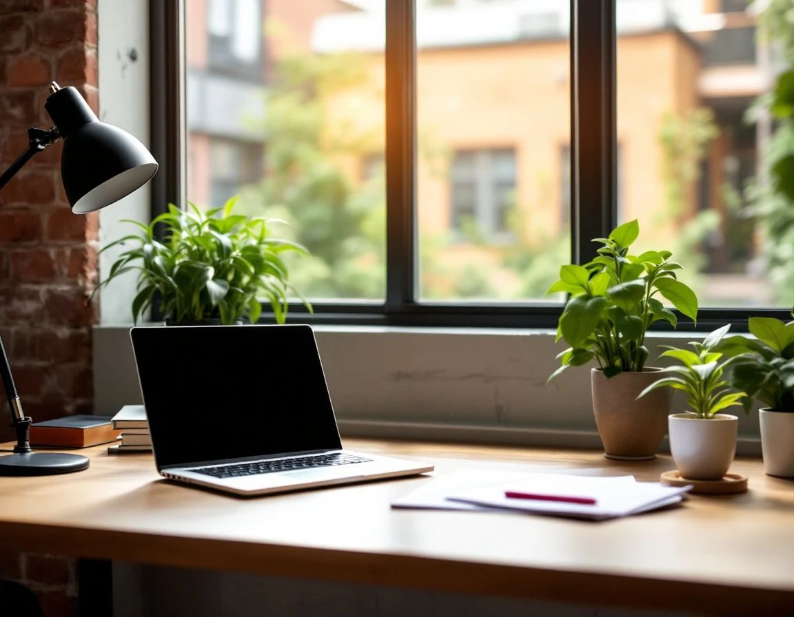 Clean desk setup with laptop and welcome materials on first day of work in bright modern office