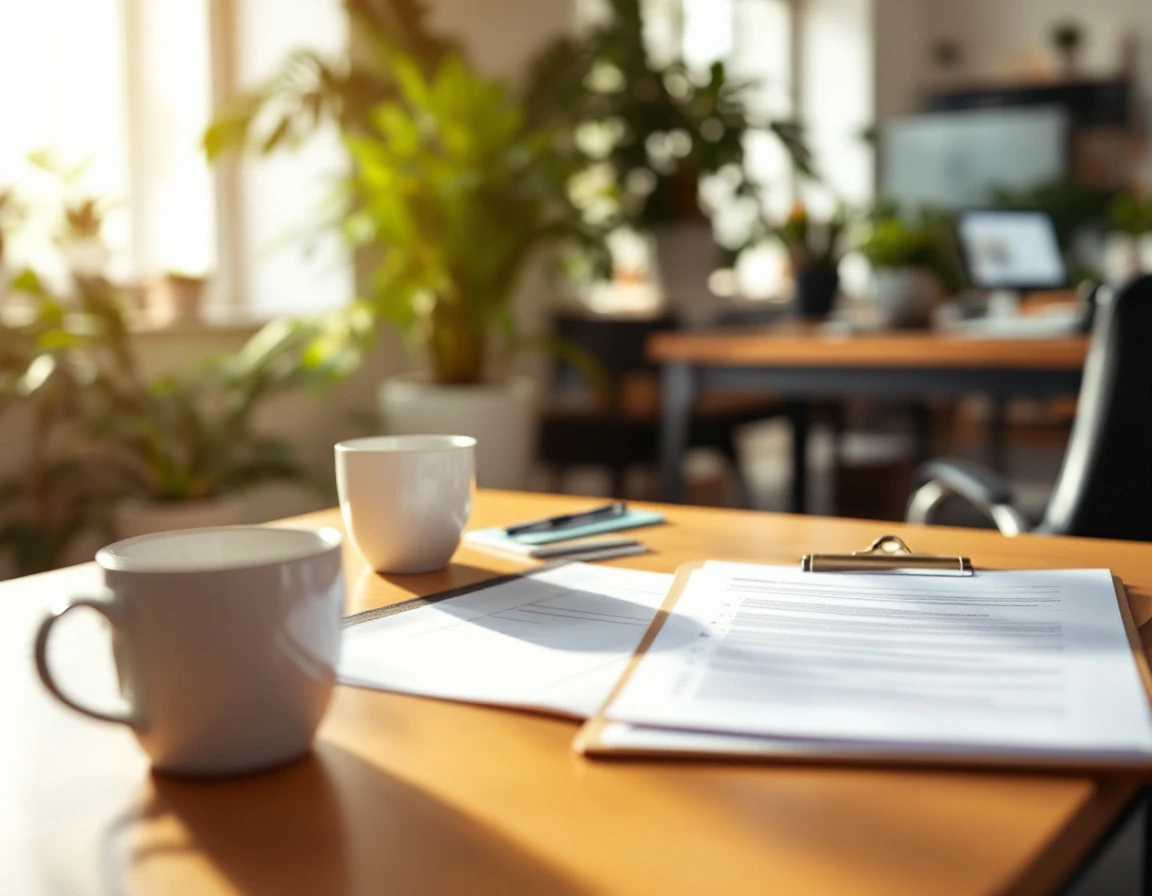 Training materials and onboarding paperwork arranged on office desk with natural lighting and plants