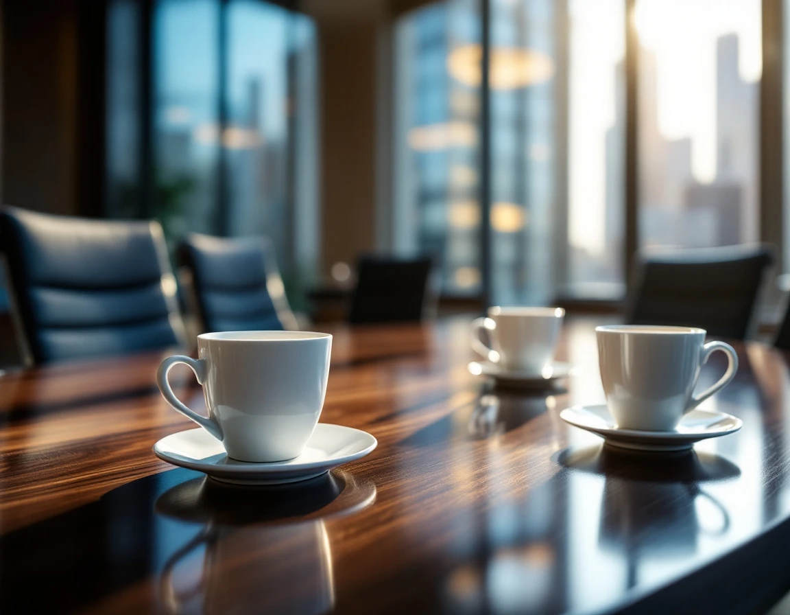 Conference table with coffee cups and modern office windows showing natural lighting and professional workspace details