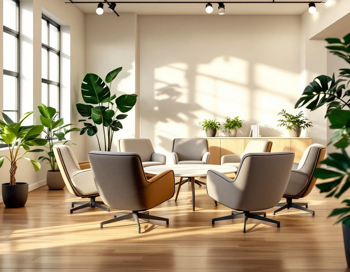 Modern training room with circular seating arrangement, natural light, and plants creating welcoming learning environment