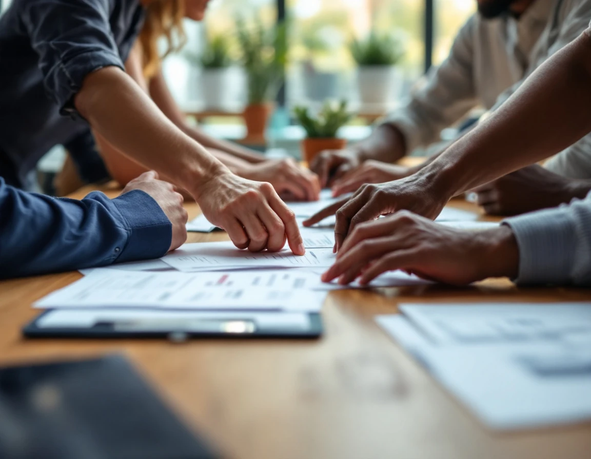 Diverse employees' hands collaborating over training materials during a workplace learning session