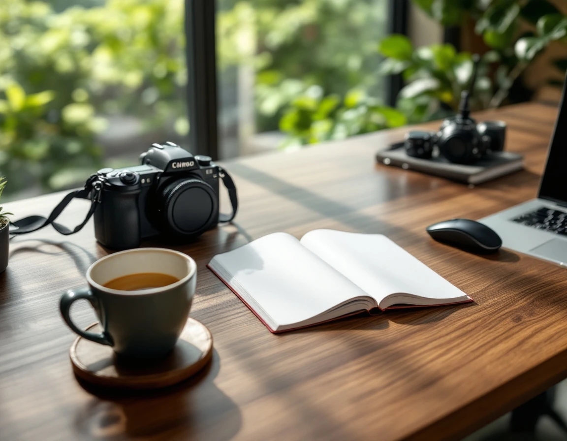 Modern office desk with camera equipment, notebook, and coffee setup overlooking workspace windows
