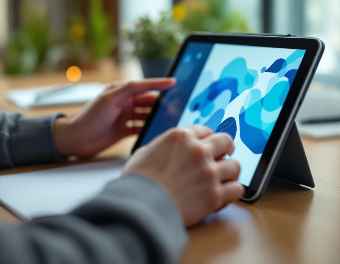 Hands using tablet device during workplace training session on wooden desk with natural lighting