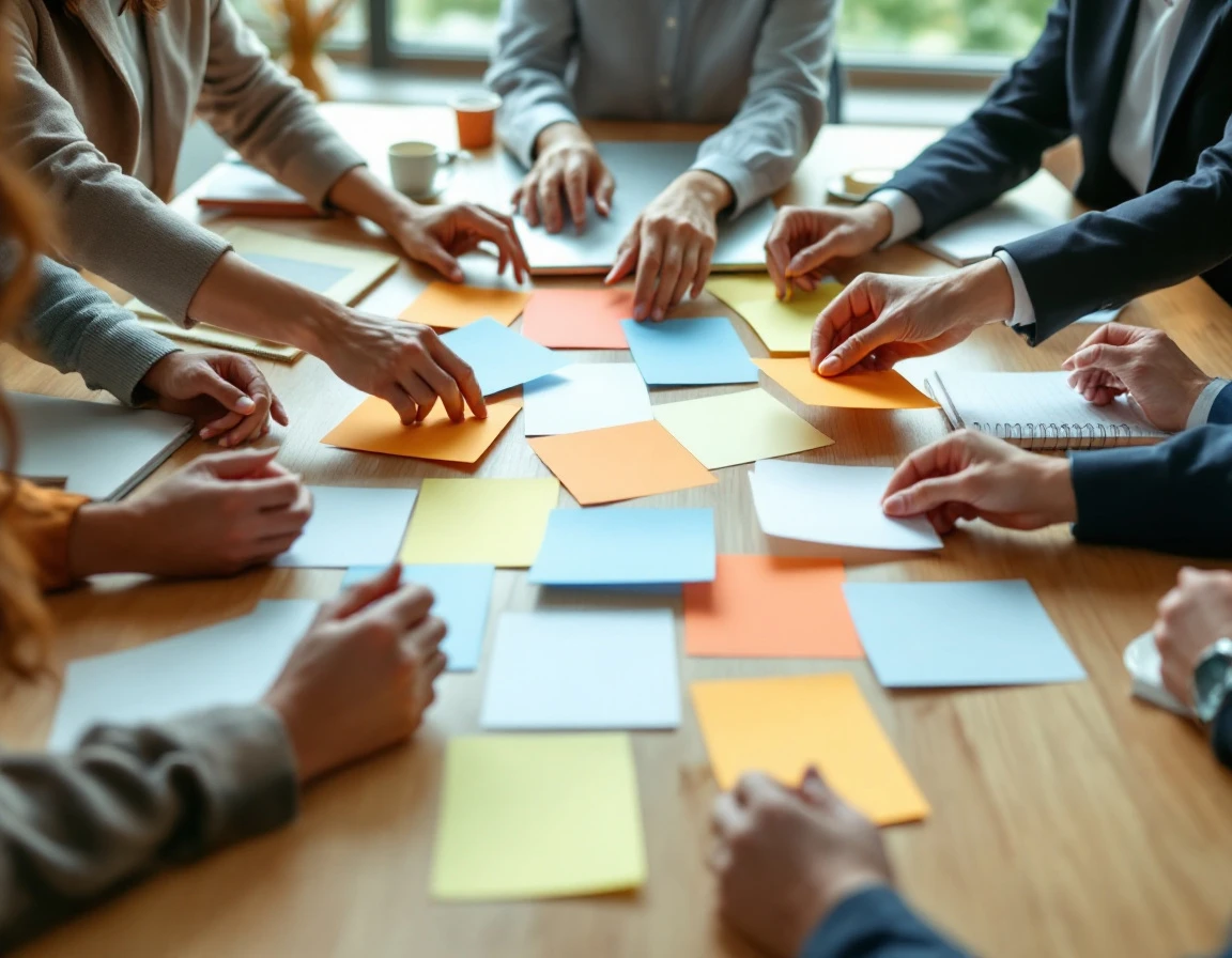 Team hands arranging blank colored cards during collaborative workshop planning session