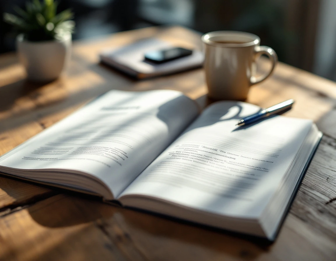 Open training manual on desk with coffee mug and pen in natural morning light