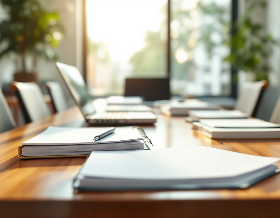 Blank training materials and closed notebooks arranged on conference table in bright natural lighting