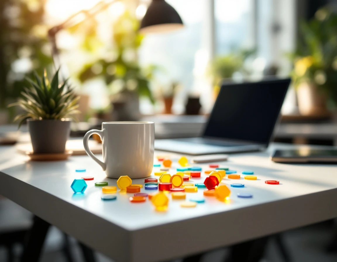 Coffee mug with colorful game tokens and achievement badges scattered on office desk