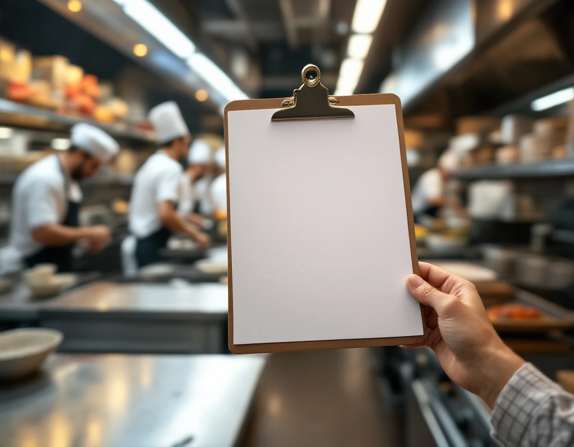 Manager holding clipboard during busy restaurant service with kitchen staff working in background
