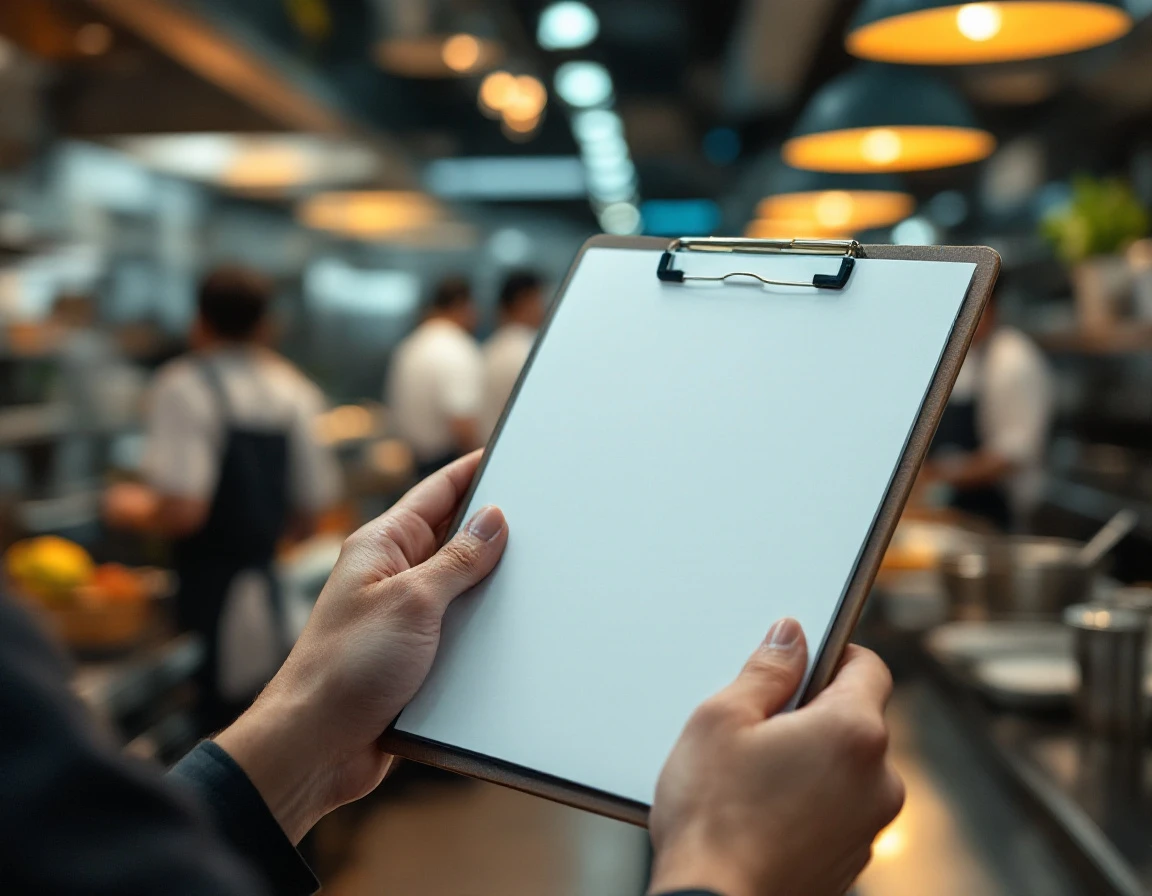 Manager holding observation clipboard during busy kitchen shift with blurred restaurant background