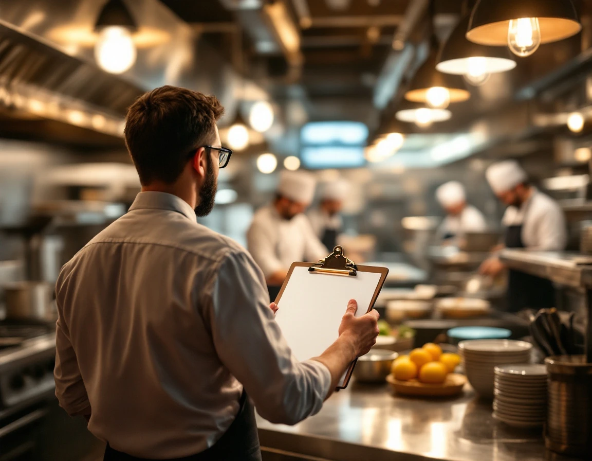 Manager holding clipboard gestures to line cook in busy restaurant kitchen during dinner rush