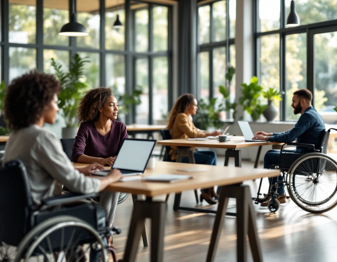 Diverse team collaborating in accessible office training space with wheelchair user and natural lighting