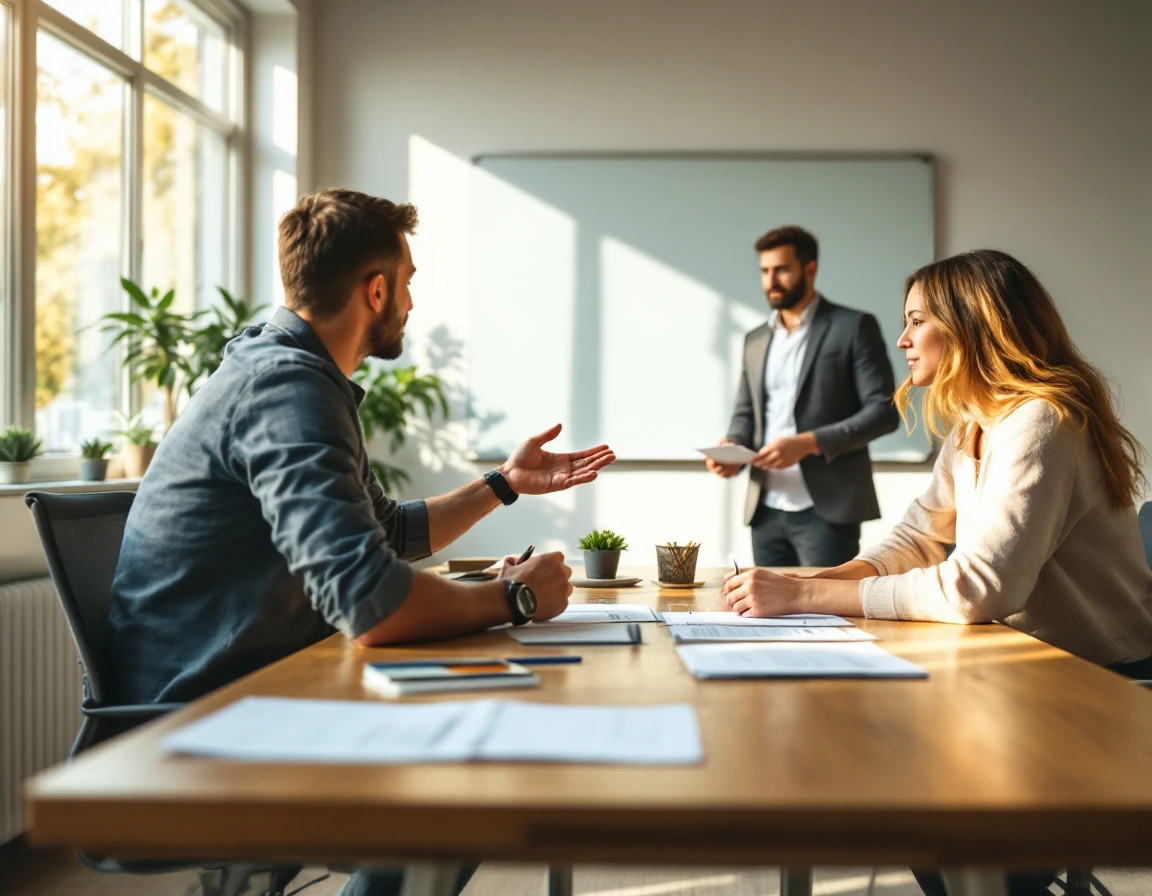 Professionals collaborating around conference table in bright training room with blank whiteboard