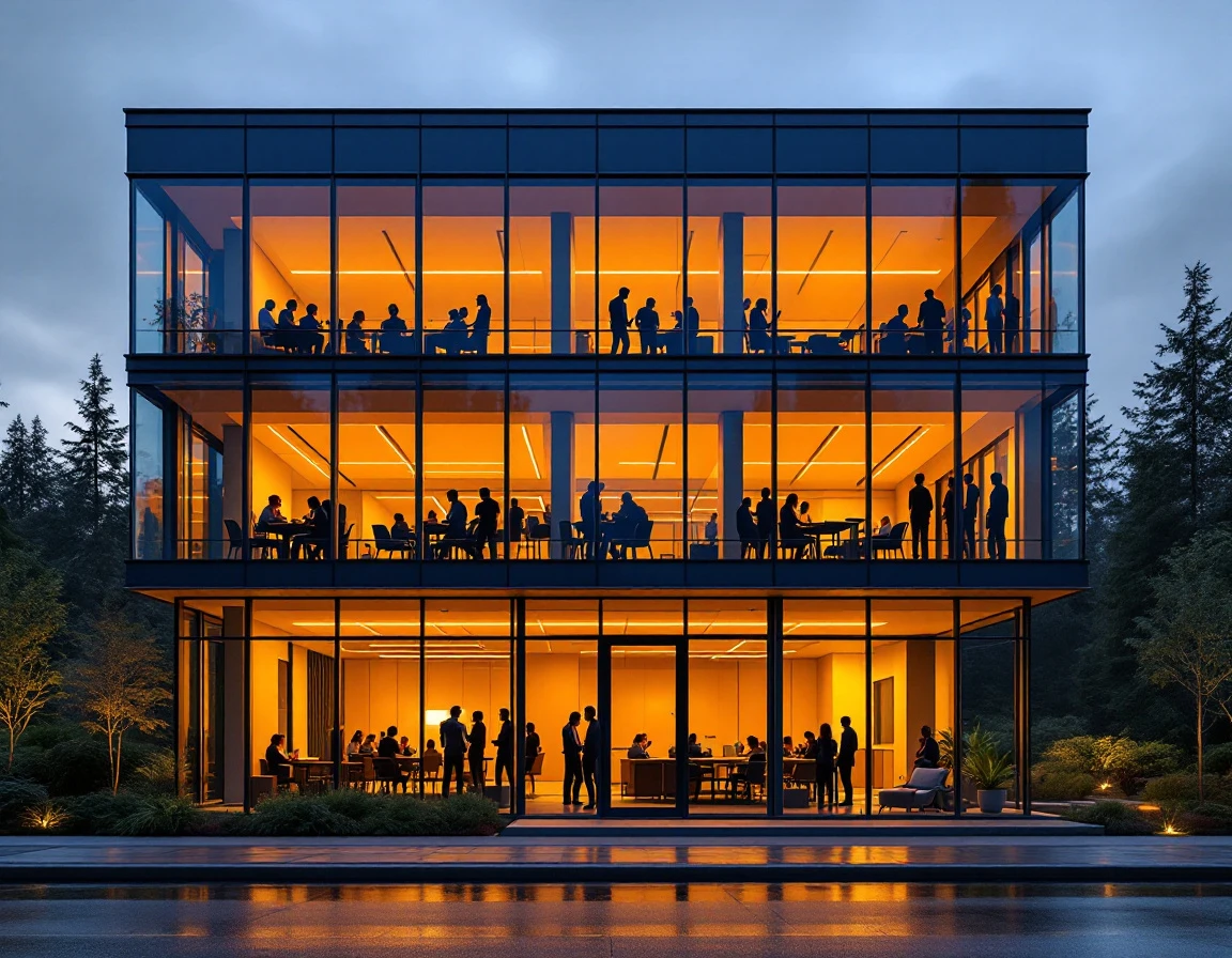 Modern office building at dusk with illuminated workspaces visible through glass facades
