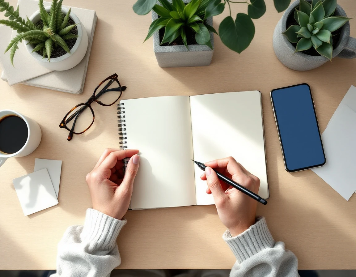 Flatlay of open notebook, coffee, and professional items arranged on wooden desk with natural lighting