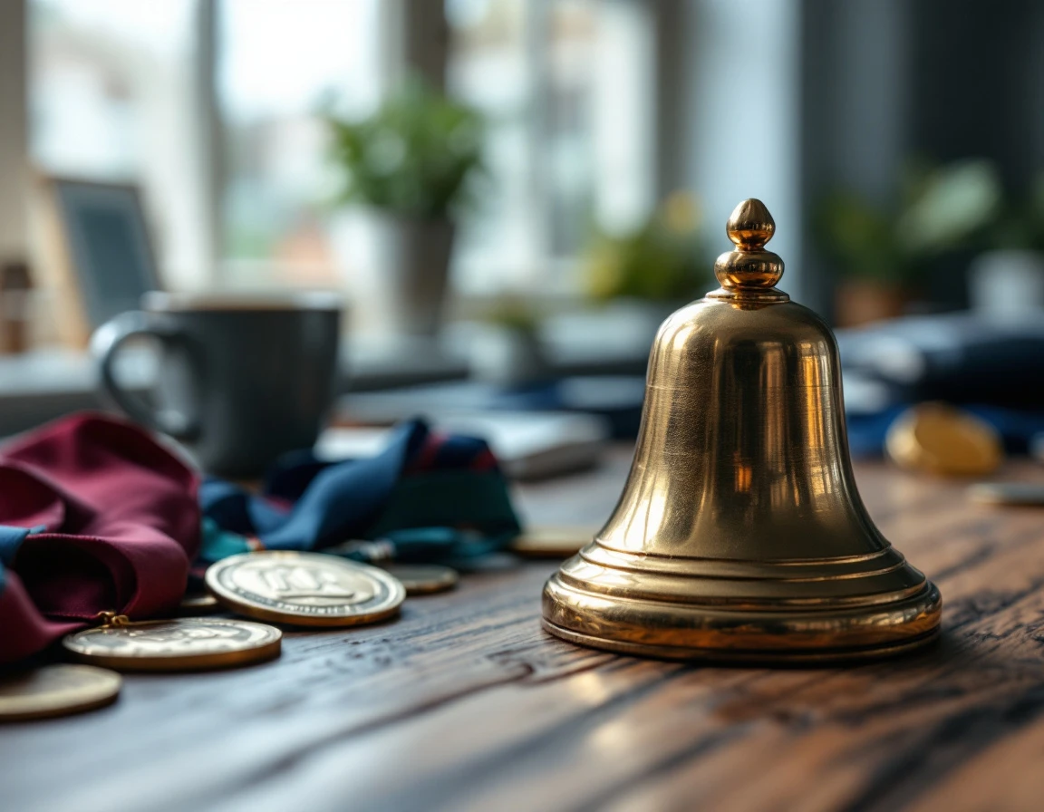 Brass trophy bell and achievement medals on a desk with natural window lighting and shallow depth of field