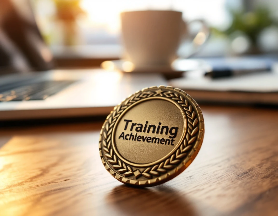 Achievement badge on desk with soft natural lighting highlighting metallic surface details