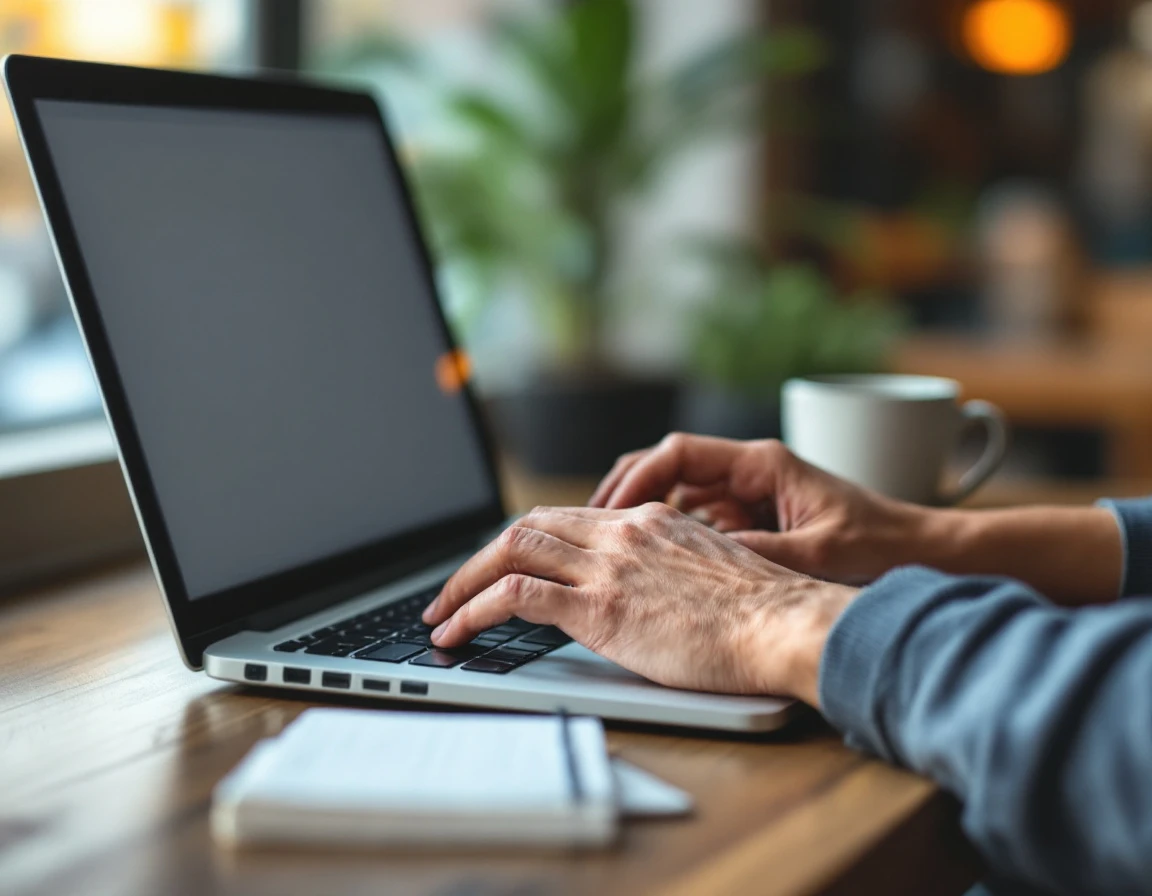 Hands typing on laptop keyboard at wooden table with coffee mug, representing workplace training technology