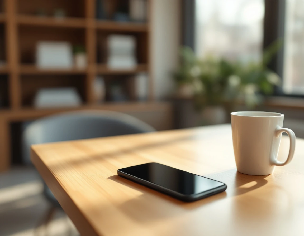 Smartphone resting on wooden table in modern retail break room with natural lighting