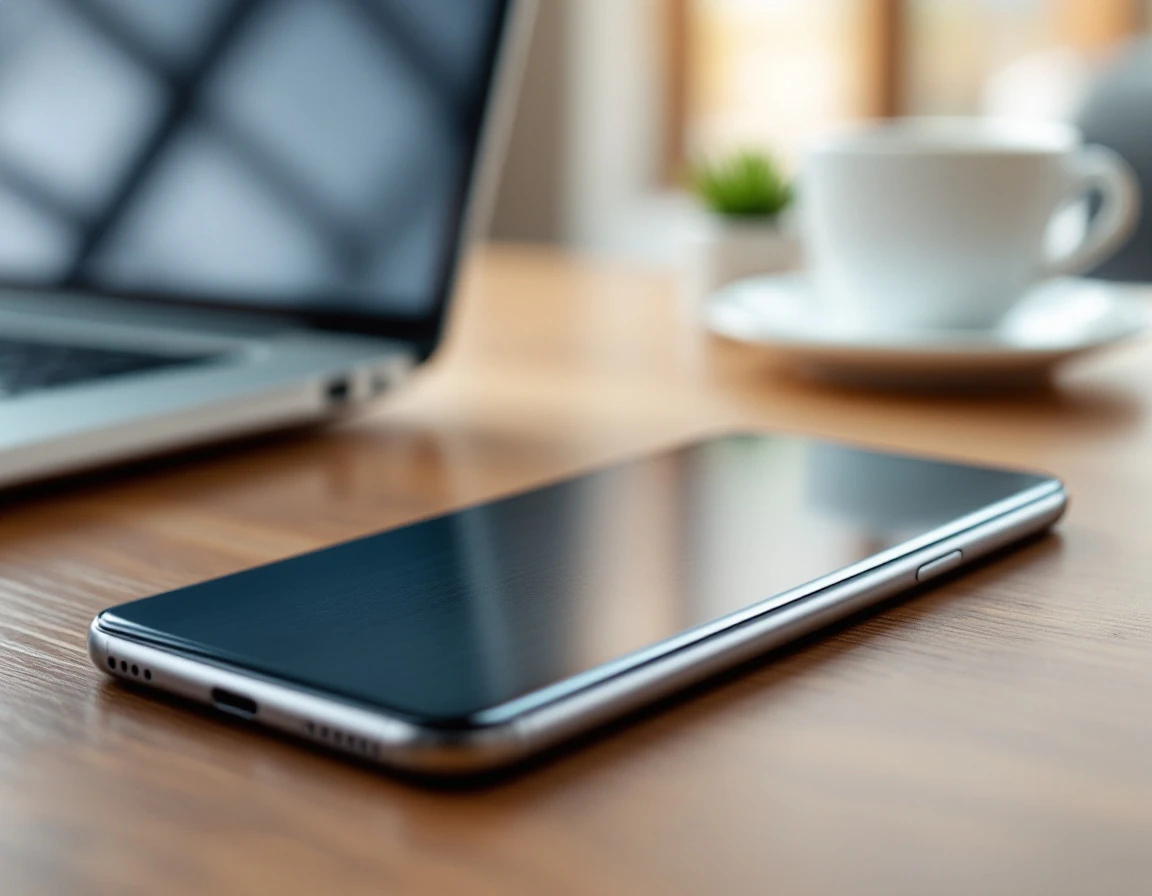 Mobile device and coffee cup on workspace showing modern retail training technology environment