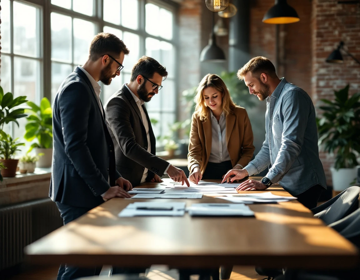 Three professionals collaborating around conference table reviewing materials in modern office setting