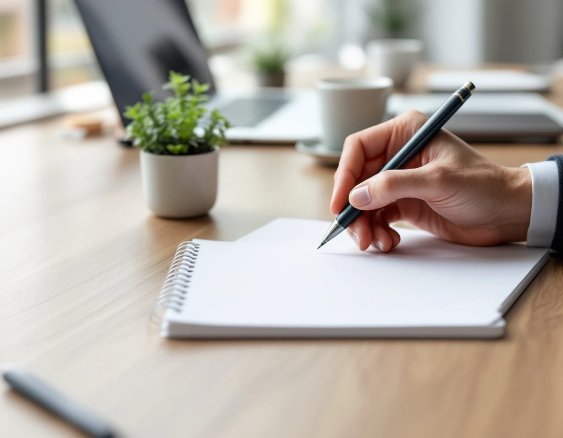 Workspace with notebook and pen during a professional training session focused on critical thinking development