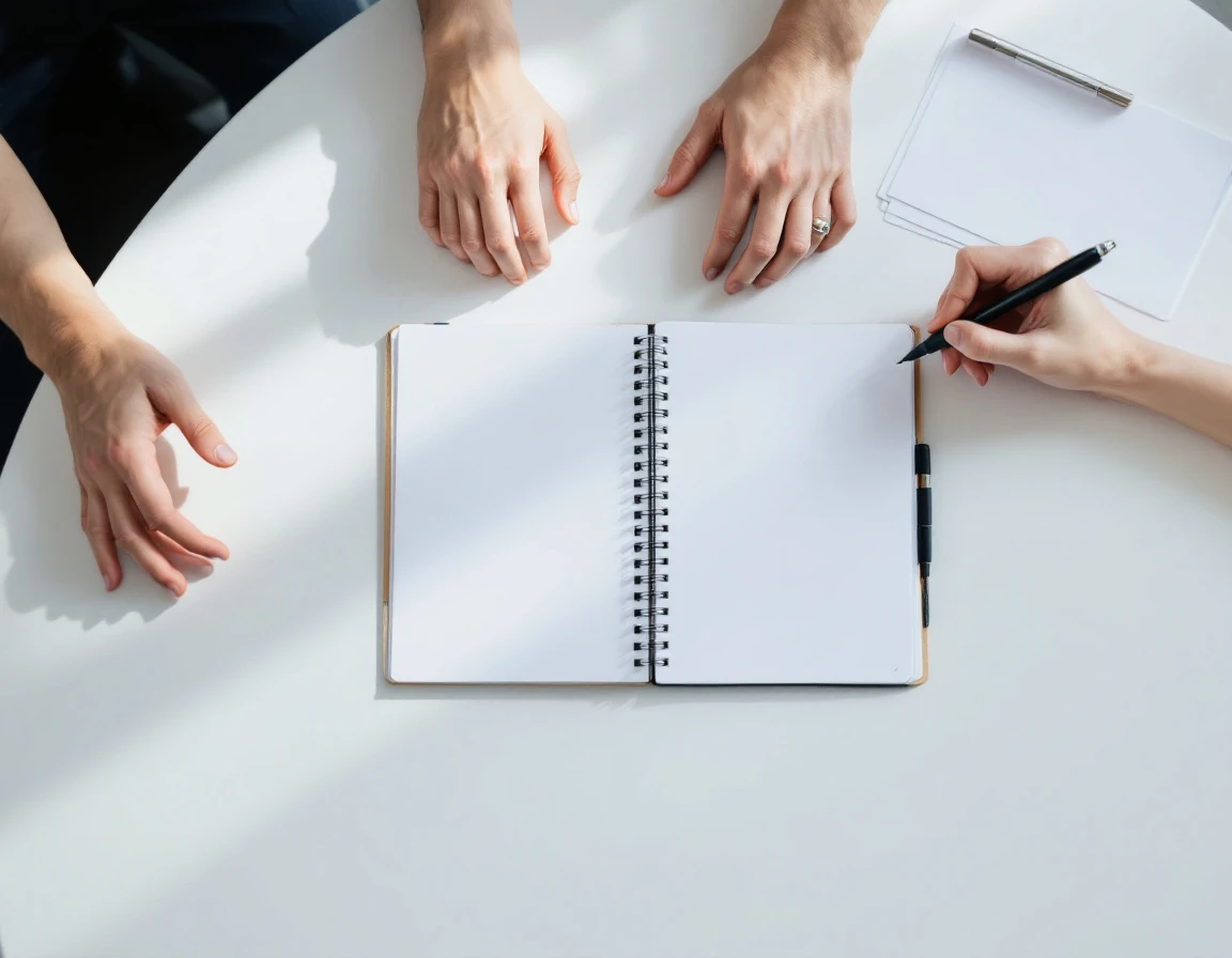 Conference table workspace with notebook and natural hands in planning position during team development session