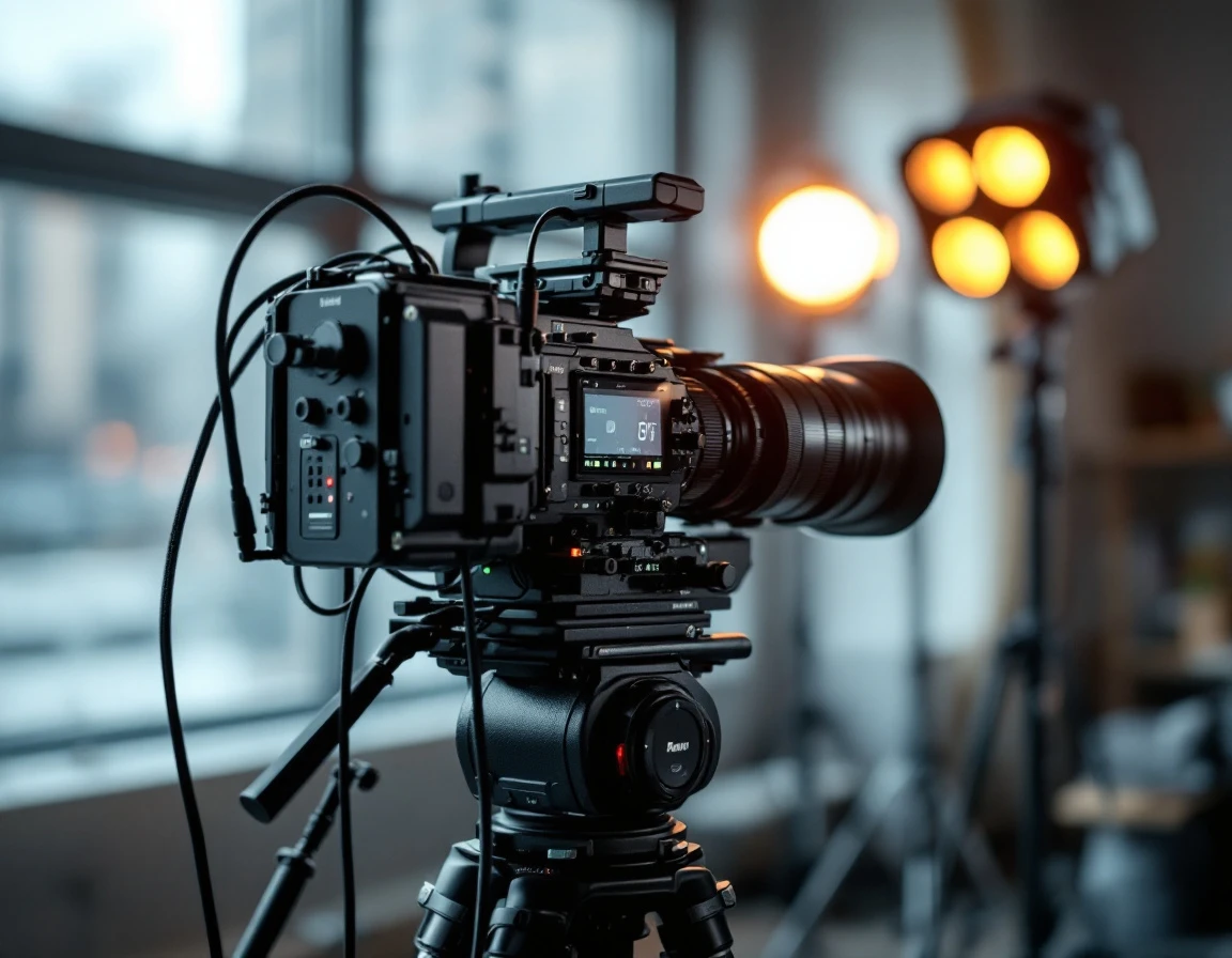Professional cinema camera on tripod in studio with natural lighting and cables